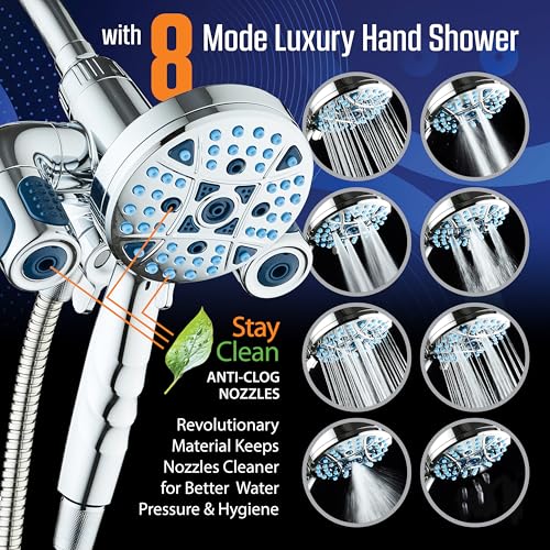 AquaCare Polaris 208-mode High Pressure Shower Head Combo with Hydro Arms | Luxury 3-way 14-zone System with 370 Stay-clean Power Jets, Handheld Magnetic Docking & 6 ft. Stainless Steel Hose / Chrome - color: Chrome