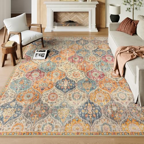 Lahome Moroccan Washable Area Rugs 9x12 Living Room, Soft 9x12 Area Rug for Bedroom, Oriental Non-Slip Non Shedding Throw Large Carpet for Dining Room Office Elise, Cream/Multi - color: Burnt Orange/Teal Multi, size: 9' X 12' (Rectangular)