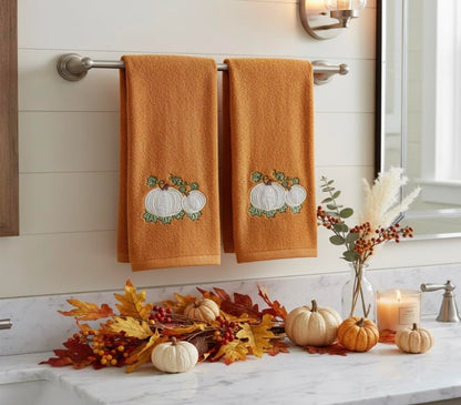 Serafina Home Harvest Fall Bathroom Guest Hand Embroidered Towels 2 Pc Set: Pumpkin Leaf Appliqué Design Bath Plush Rust Orange Towels, 100% Cotton, 16" x 25" Inches, Oeko-TEX Certified - color: Rust Pumpkins