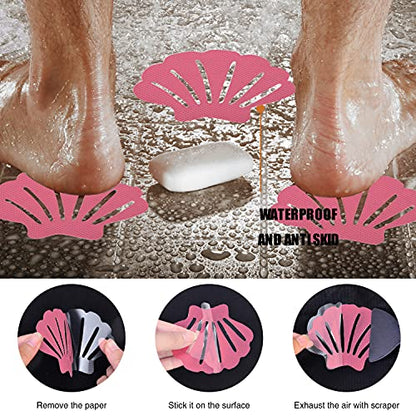Secopad Non-Slip Bathtub Stickers, 24 PCS Shell Safety Bathroom Tubs Showers Treads Adhesive Decals Scraper (Pink) - color: Pink