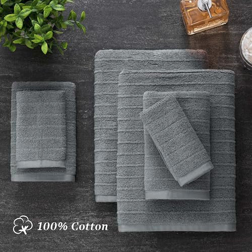 Welhome James 100% Cotton 6 Pack Hand Towels - Textured Stripe Towels, Soft & Absorbent, Gray - color: Gray, size: 6 Piece Hand Towel