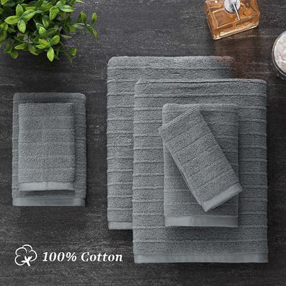 Welhome James 100% Cotton 6 Pack Hand Towels - Textured Stripe Towels, Soft & Absorbent, Gray - color: Gray, size: 6 Piece Hand Towel