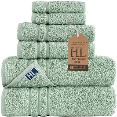 Hawmam Linen Green 6 Piece Bath Towels Set for Bathroom Original Turkish Cotton Soft, Absorbent and Premium 2 Bath Towels, 2 Hand Towels, 2 Washcloths - color: Light Green, size: 6 Piece Towel Set (2 Bath, 2 Hand, 2 Wash)