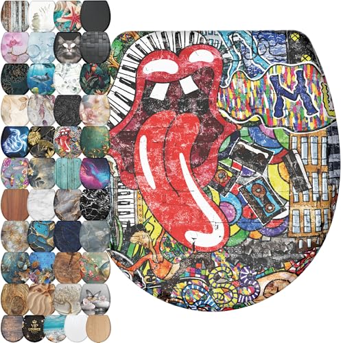 Sanilo Wooden Toilet Seat with Quick Release & Soft Close [ROUND] - Decorative & Slow Close Molded Wood Seat - With One Click for Easy Installation & Cleaning - With Adjustable Fit (Graffiti) - color: Graffiti