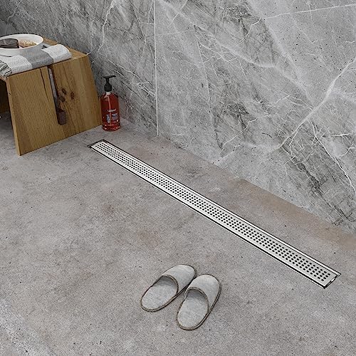 36 inch Linear Shower Drain with Square Hole Pattern Grate Cover | Brushed 304 Stainless Steel Bonding Flange Linear Drain, Low Profile Linear Shower Drain with Hair Strainer - color: 36 in, size: Quadrato Pattern