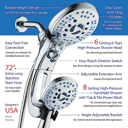 AquaCare 50-mode High Pressure Shower Head Combo with Arm & Dual Power Wash | Hygienic Jets, 2-mode Handheld Power Wash for Tub, Tile & Pets, Long 6 ft. Stainless Steel Hose, Extra Wall Bracket / Chrome - color: All-Chrome, style: 2.5 Gallons Per Minute