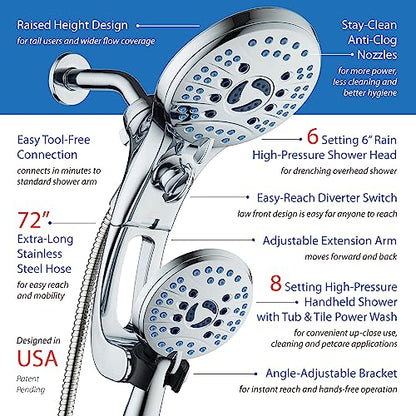 AquaCare 50-mode High Pressure Shower Head Combo with Arm & Dual Power Wash | Hygienic Jets, 2-mode Handheld Power Wash for Tub, Tile & Pets, Long 6 ft. Stainless Steel Hose, Extra Wall Bracket / Chrome - color: All-Chrome, style: 2.5 Gallons Per Minute