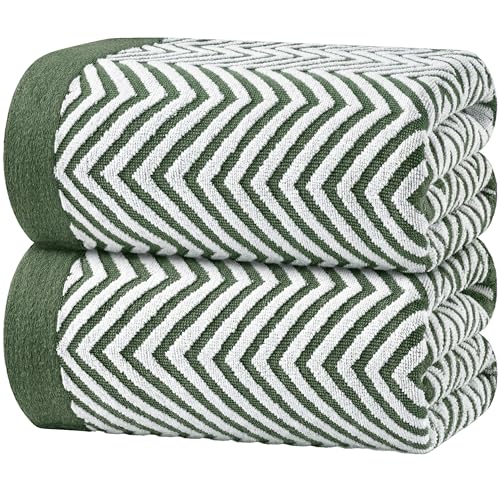 White Classic Cotton Beach Towels Oversized 35 x 70 Inches, Ultra Absorbent and Low Lint Luxury Pool Towels, Chevron Design, Khaki Green, 2 Pack - color: Chevron Khaki Green