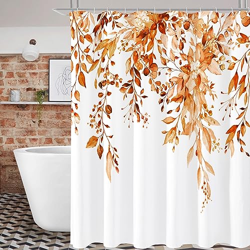 Orange Eucalyptus Shower Curtain, Watercolor Floral Print, 72x84 | Watercolor Plant Leaves Floral Print, Waterproof Fabric Bathroom Decor, Machine Washable, Rustproof Grommets - color: Orange, size: 72"W x 84"L (Pack of 1)
