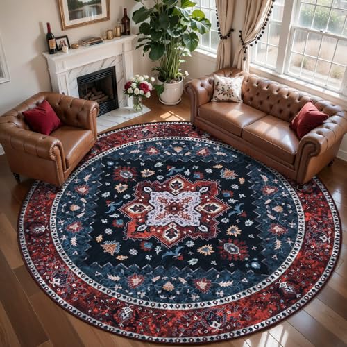 Ciicool Large 8ft Round Boho Area Rug,Washable Bedroom Non-Slip Oriental Throw Rugs,Low-Pile Floor Carpet for Dining Room Living Room Kitchen Bedside - color: Dark Blue/Red, size: 8' (Round)