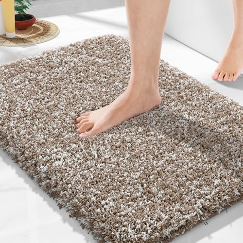 Yimobra Bathroom Rugs Non Slip Washable, Ultra Soft and Water Absorbent Bath Mats, Plush Fluffy Shower Mat Outside, Microfiber Thick Matts for Bathroom Floor/Sink, 24X17, Light Brown and White - color: Light Brown and White, size: 17" X 24"