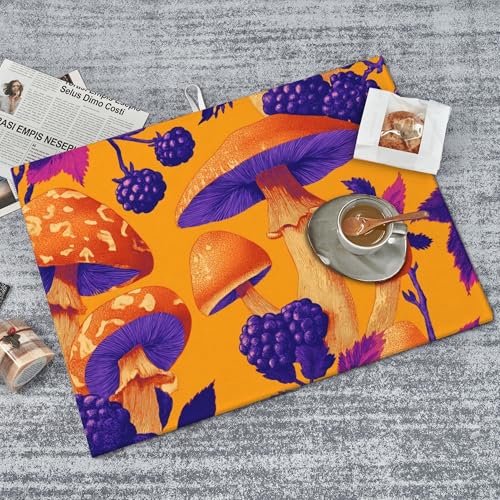 Lovely Mushroom Print Dish Drying Mat Absorbent Reversible Microfiber Kitchen Counter Protector Fast Drying Dish Pad Large“18 x 24" Dish Mat - color: Orange-Mushroom