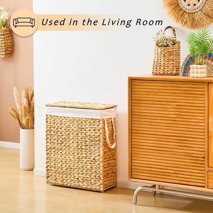 Handwoven Slim Laundry Hamper with Lid, Narrow Wicker Laundry Basket, Natural Water Hyacinth Basket and Handleswith Removable Liner Bag & 2 Mesh Bags (Natural with Lid, 75L) - color: Hyacinth with Lid, size: 75L