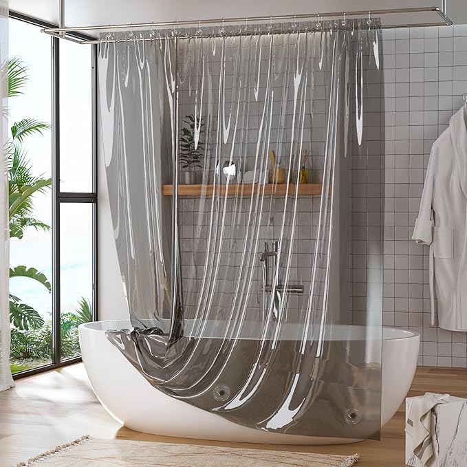 Clear Heavyweight PEVA Shower Curtain Liner, Waterproof Shower Liner Rustproof Metal Grommets with Weighted Magnetic Hem, BPA-Free, 72 x 72 Inches Clear Grey