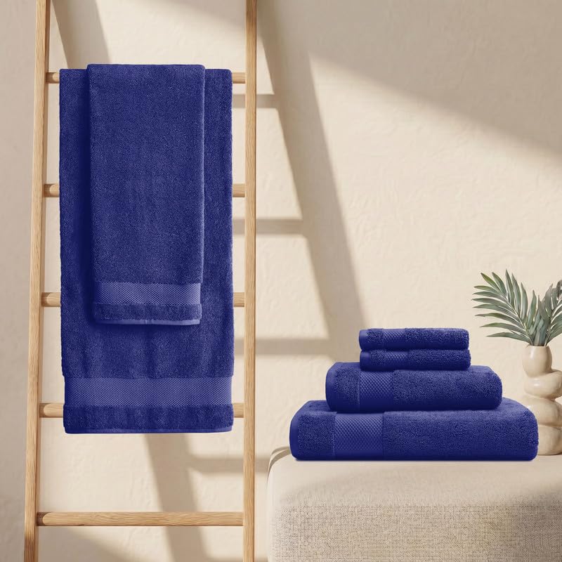 BIOWEAVES 100% Organic Cotton Bath Towel Set | 700 GSM Plush 6-Piece Premium Towel Set GOTS Certified, 2 Bath Towels, 2 Hand Towels & 2 Washcloths - Navy Blue - color: Navy Blue, size: 6 Pc Towel Set