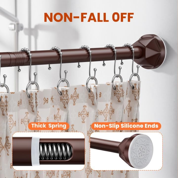 Shower Curtain Rod 32-65 Inches, No Drill Shower Rod Tension, Never Rust Anti-Slip Shower Curtain Rod for Bathroom Window, Adjustable Tension Curtain Rod. Brown - color: brown, size: 32-65 inches