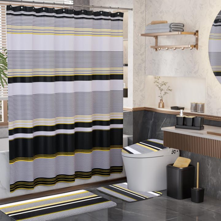24PCS Bathroom Sets with Shower Curtain and Rugs,Black Bathroom Accessories Set Waterproof White and Gold Shower Curtain Set,Black and White Bathroom Accessories - size: Bath Set+Shower Curtain+Bath Rugs, style: Black8