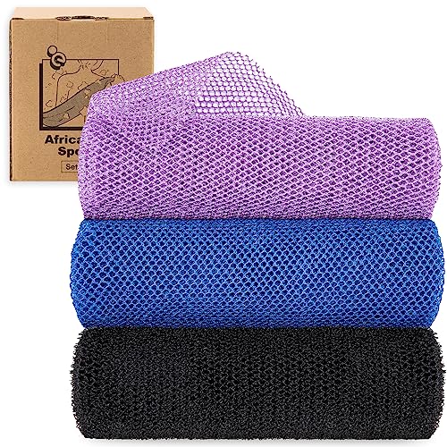myHomeBody African Net Sponge, African Bath Sponge, Body Exfoliator Scrubber, Bath Washcloths, Exfoliating Net, Shower Back Scrubber, Set of 3, Dark Blue, Purple, Black