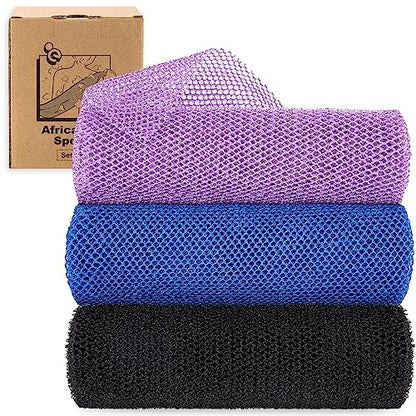 myHomeBody African Net Sponge, African Bath Sponge, Body Exfoliator Scrubber, Bath Washcloths, Exfoliating Net, Shower Back Scrubber, Set of 3, Dark Blue, Purple, Black
