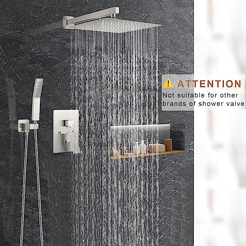 JOMEOO® 12 Inch Brushed Nickel Shower System, Wall Mounted High Pressure Rain Shower Head with Handheld Sprayer, Bathroom Luxury Rainfull Shower Head Shower Faucet Set Rough in Valve Body and Trim - color: Brushed Nickel