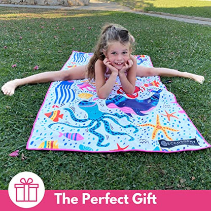 Microfiber Kids Toddler Beach Towel, Quick Dry, Sand Free, 60x30 | Pool towel, ultra-soft, girls and boys, travel pouch, camping travel vacation, toallas playas - color: Under the Sea