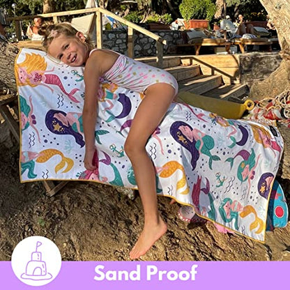 Microfiber Kids Toddler Beach Towel, Quick Dry, Sand Free, 60x30 | Pool towel, ultra-soft, girls and boys, travel pouch, camping travel vacation, toallas playas - color: Mermaids