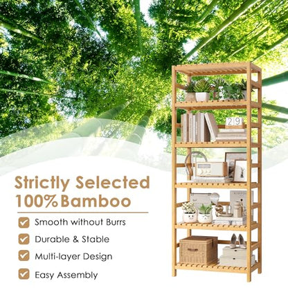 FOTOSOK 6-Tier Bamboo Shelf with Adjustable Shelves, Bamboo Kitchen Cabinet | Tall Bamboo Bookshelf and Plant Shelf with 250-lb Shelf Capacity for Laundry Bathroom Kitchen Pantry Home Office - color: Natural