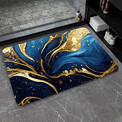 Diatomaceous Earth Bath Mat,Blue and Gold Marble Texture Non-Slip Volume Super Absorbent Fast Drying for Bathroom Kitchen Door mat,Eco-Friendly Easy to Clean 20×31Inch(50 * 80cm) - color: Blue and Gold Marble Texture, size: 1'8" x 2'8" (Rectangular)