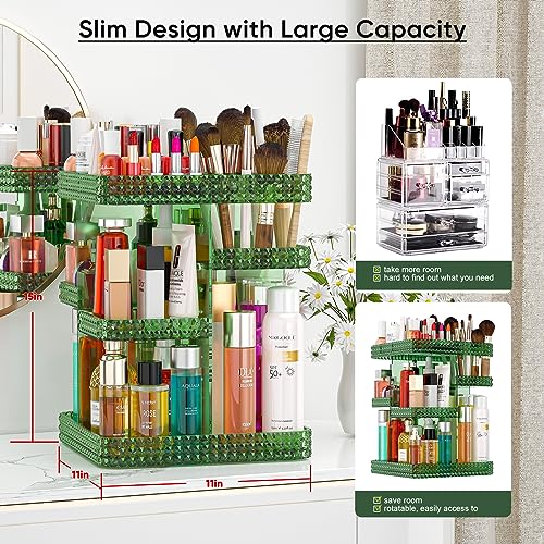 360 Rotating Makeup Organizer, Acrylic DIY Adjustable Bathroom Makeup Carousel Spinning Holder Rack, Large Capacity Cosmetics Storage Box Vanity Countertop, Skin-care Organizers (Green) - color: Green