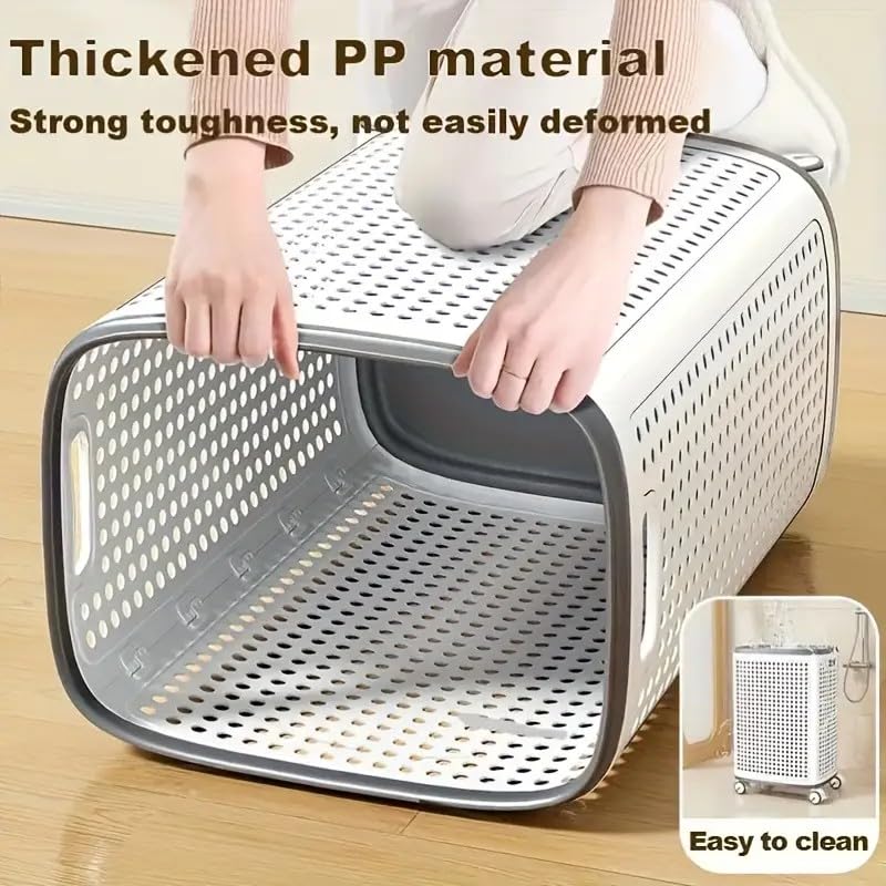 Rolling Laundry Hamper with Lid, Perforated Metal Design, L Size, Portable Handle, Smooth Edges, Ventilated Basket with Wheels, 23.8x16.7x12.9 Inches