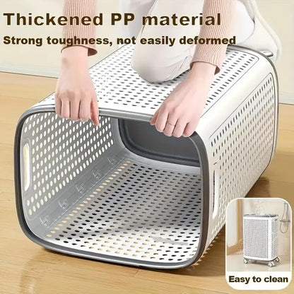 Rolling Laundry Hamper with Lid, Perforated Metal Design, L Size, Portable Handle, Smooth Edges, Ventilated Basket with Wheels, 23.8x16.7x12.9 Inches