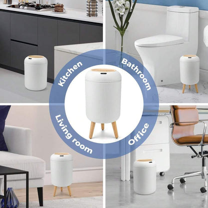 Smart Sensor Trash Can Hands-Free Auto Open Lid Odor Seal | Infrared Motion Sensor, Waterproof Plastic, 6-Second Auto Close, Versatile Indoor Use, Wooden Legs Design