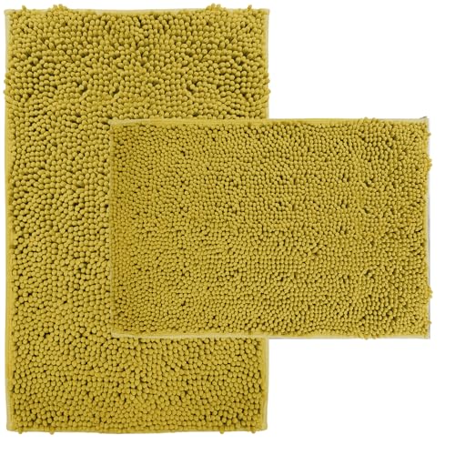 Bathroom Rugs Sets 2 Piece Extra Soft Chenille Bathroom Mats Non Slip Bath Mat Set,Absorbent Shaggy Rugs Perfect Plush Bath Rugs with U-Shaped Toilet Rug,Bathrom Carpets for Bathroom Gold - color: Gold