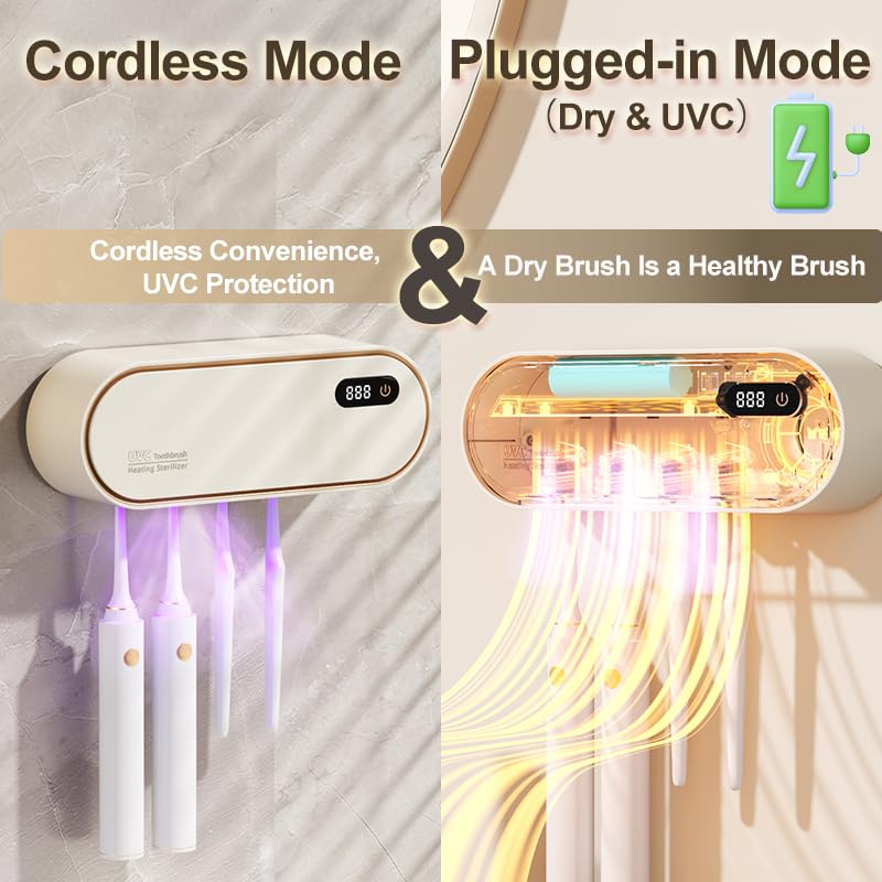 UV Toothbrush Sanitizer Holder for 4 | Wall Mounted Toothbrush Holder for Bathroom with Fan Drying | USB Rechargeable Toothbrush Cleaner & Sterilizer, No Drill Install, Modern Design (White) - color: White Ⅱ