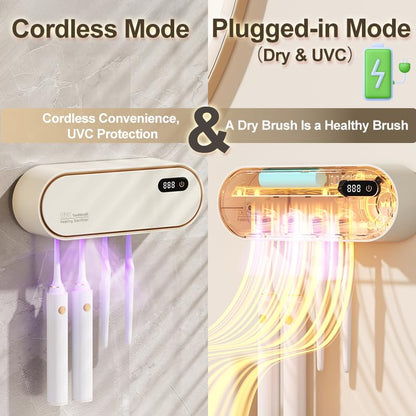UV Toothbrush Sanitizer Holder for 4 | Wall Mounted Toothbrush Holder for Bathroom with Fan Drying | USB Rechargeable Toothbrush Cleaner & Sterilizer, No Drill Install, Modern Design (White) - color: White Ⅱ