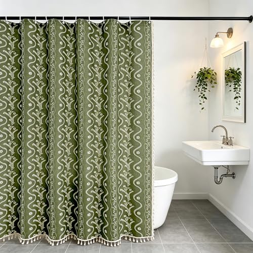 Olive Green Floral Linen Shower Curtain Set with Liner,72" Wx72 L | Double Layer Shower Curtain Waterproof Fabric with Zippered Removable PEVA Liner,Boho Shower Curtain for Bathroom,Free Hooks - color: Green Floral