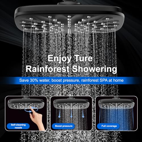 Dual Rainfall Shower Head With Handheld Showerhead, High Pressure Shower Head With Handheld Spray Combo, 8-Mode Showerhead with Adjustable Extension Arm, 71" Hose & Suction Cup Holder, Matte Black - color: Matte Black