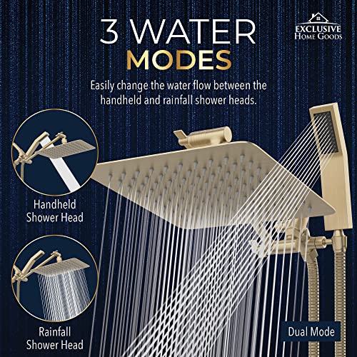 All Metal Shower Head 8" Dual Square Shower Head With Handheld Wand 71in Hose Set, High Pressure Rain Shower Heads Combo, 3-Way Diverter Rainfall Showerhead with Adjustable Extension Arm - color: Gold, size: 8 Inches, 2.5 GPM