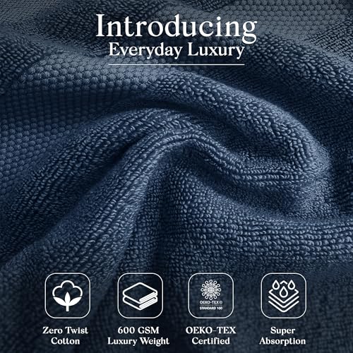 Premium Staple Cotton Bathroom Towel Set - Navy 600 GSM 6-Piece Luxury Bath Towel Set 1 Stripe - 2 Bath Towels, 2 Hand Towels & 2 Washclothes Set - High Absorbent & Quick Dry for Gym, Spa, Hotel - color: Navy - 1 Stripe