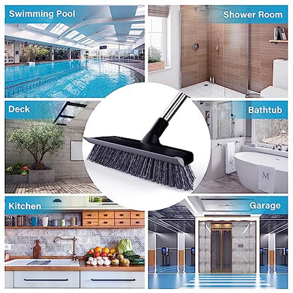 Floor Scrub Brush with 55" Long Handle, 10" Wide Stiff Bristles Deck Brush, Stainsless Steel Pole Heavy-Duty Cleaning Brush, 2-in-1 Scrubber with Ruber Squeegee for Deck, Patio, Pool, Tile, Wall