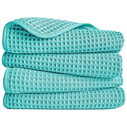 POLYTE 430 GSM Poly Blend Microfiber Quick Dry Waffle Hand Towel, 16x30 in | 4 Pack, Oversize, Lint Free, Quick Dry, Hanging Loop - color: Aqua