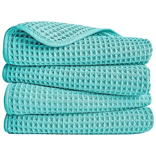 POLYTE 430 GSM Poly Blend Microfiber Quick Dry Waffle Hand Towel, 16x30 in | 4 Pack, Oversize, Lint Free, Quick Dry, Hanging Loop - color: Aqua
