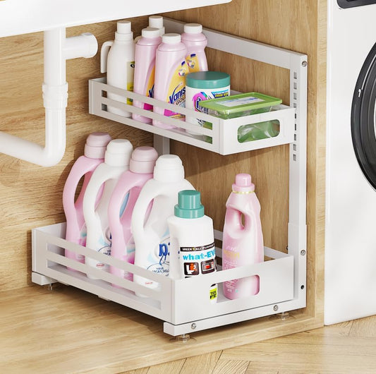 1 Pack Under Sink Organizer,Pull Out Cabinet Organizer With Smooth Cylindrical Rail,Metal Slide Out Drawer for Kitchen Bathroom Laundry Cabinet,8-Level Tool Free Height Adjustable-White - color: White, size: 1 Pack-15"Dx9.5"-16.7"H