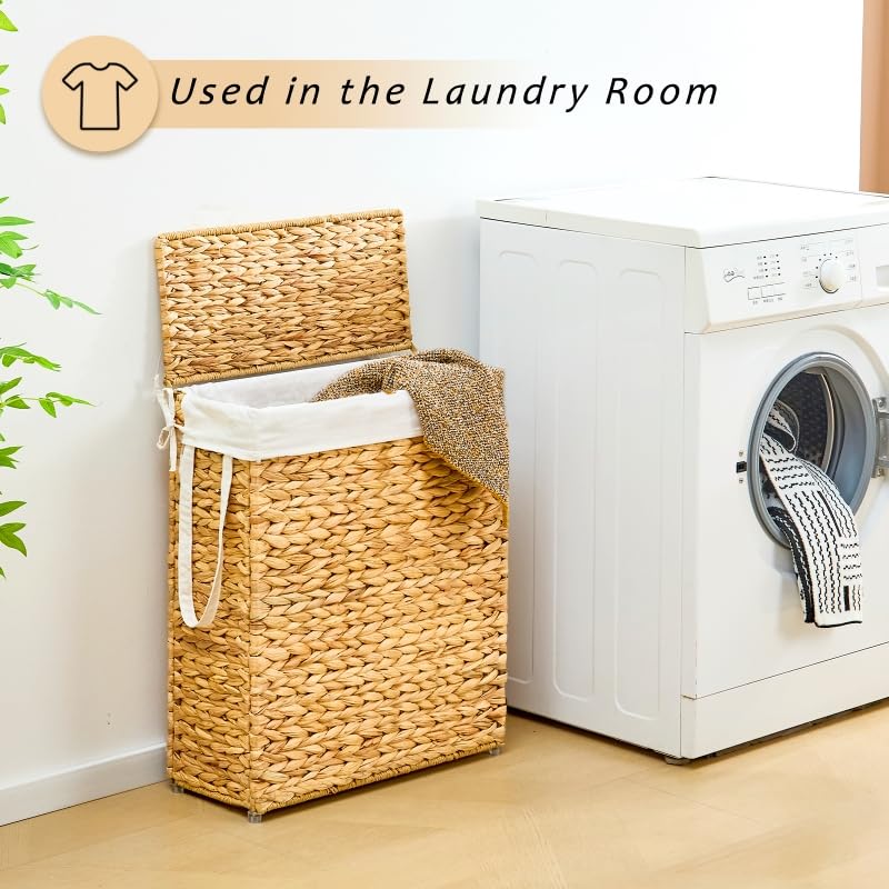 Handwoven Slim Laundry Hamper with Lid, Narrow Wicker Laundry Basket, Natural Water Hyacinth Basket and Handleswith Removable Liner Bag & 2 Mesh Bags (Natural with Lid, 75L) - color: Hyacinth with Lid, size: 75L