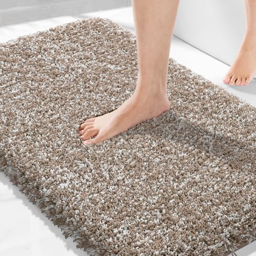 Yimobra Bathroom Rugs Non Slip Washable 36X24, Ultra Soft and Water Absorbent Bath Mats, Plush Fluffy Shower Mat Outside, Luxury Microfiber Thick Matts for Bathroom Floor/Tub, Light Brown and White - color: Light Brown and White, size: 36" X 24"
