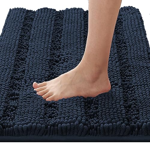 H.VERSAILTEX Bathroom Rugs Bath Rugs for Bathroom Non Slip Bath Mats Extra Thick Chenille Striped Rug 17" x 24" Absorbent Soft Shaggy Washable Dry Fast Bath Mats for Bath Room Floor - Navy - color: Navy, size: 17" x 24"