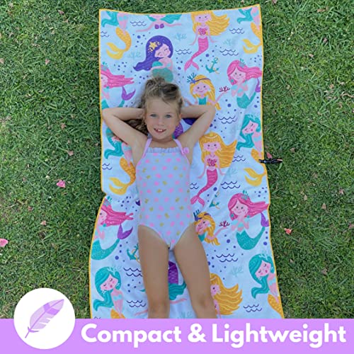 Microfiber Kids Toddler Beach Towel, Quick Dry, Sand Free, 60x30 | Pool towel, ultra-soft, girls and boys, travel pouch, camping travel vacation, toallas playas - color: Mermaids