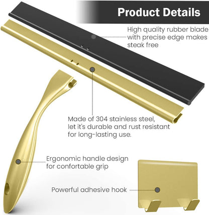 OPERNEE Shower Squeegee with Self Adhesive Hook, 10 Inches Stainless Steel Squeegee Cleaner, All-Purpose Window Scraper for Bathroom Doors, Mirror, Windows and Car Glass, Brushed Gold