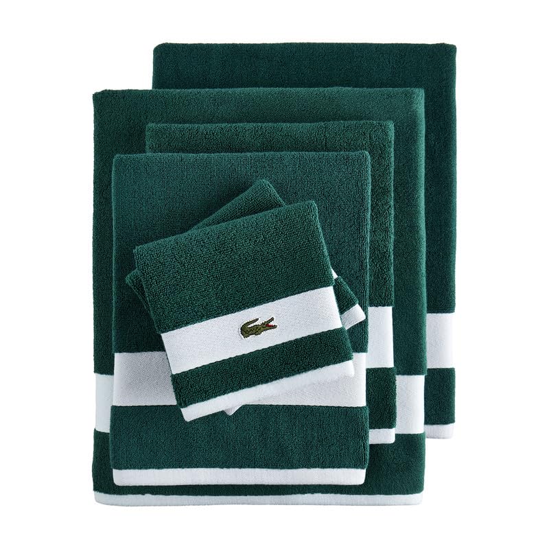 Lacoste Sport Stripe 6-Piece Luxury Cotton Towel Set – Made with 100% Soft Supima Cotton, Absorbent & Quick-Drying, Includes 2 Bath Towels, 2 Hand Towels, 2 Washcloths, Croc Green - color: Croc Green