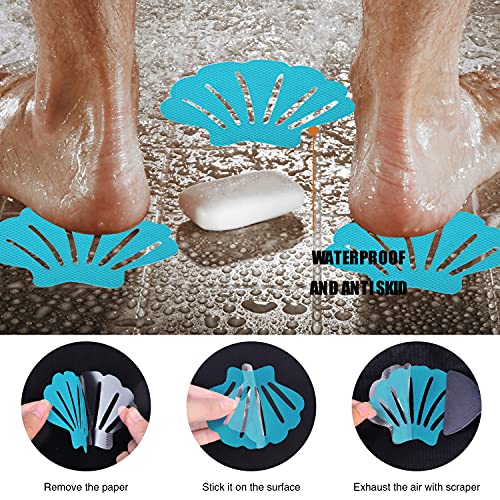 Secopad Non-Slip Bathtub Stickers, 24 PCS Shell Safety Bathroom Tubs Showers Treads Adhesive Decals Scraper (Blue) - color: Blue